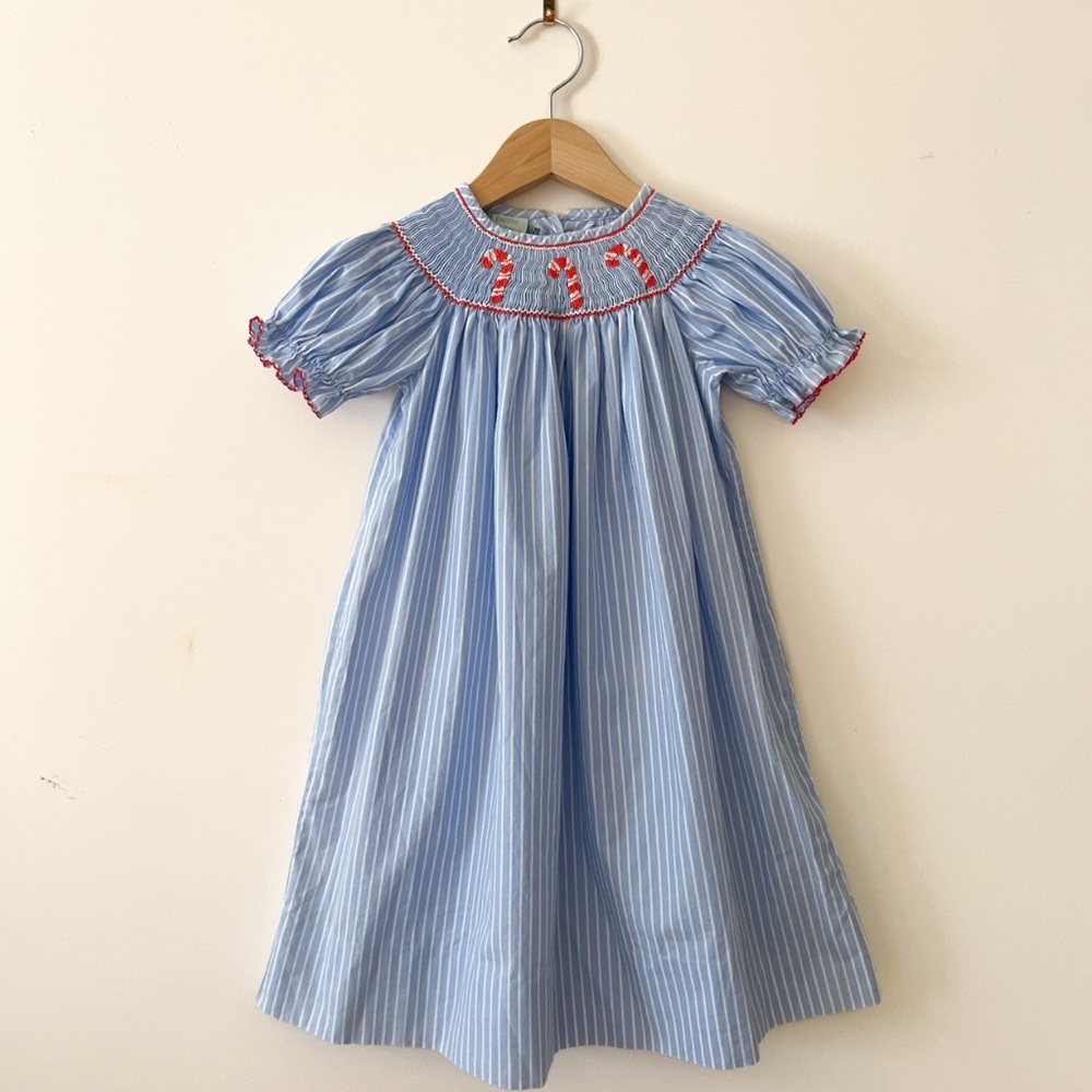 EUC Hand Smocked Christmas Candy Cane Bishop Dress